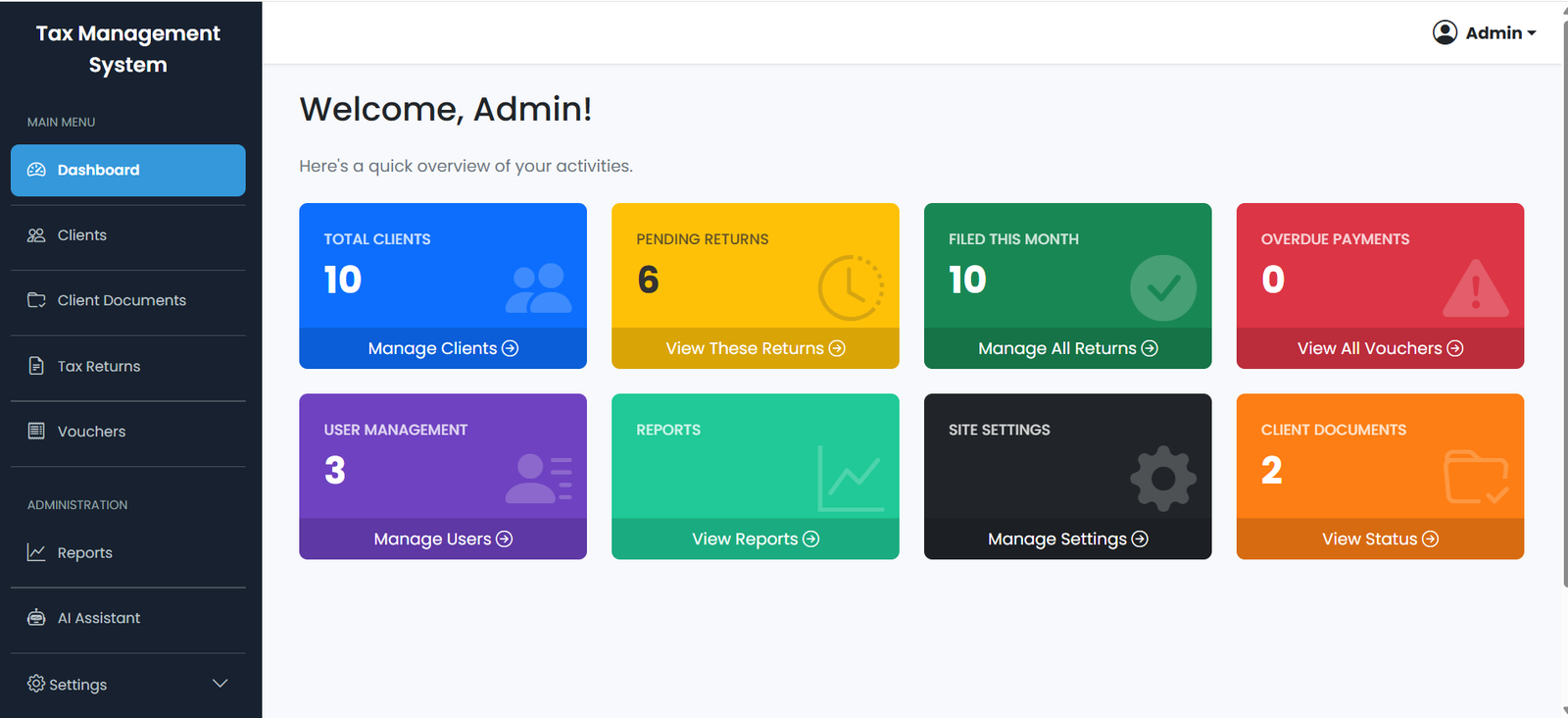 Admin Dashboard for Tax Client Management System