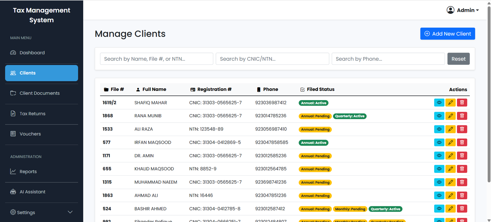 Client List and details in Tax Management System