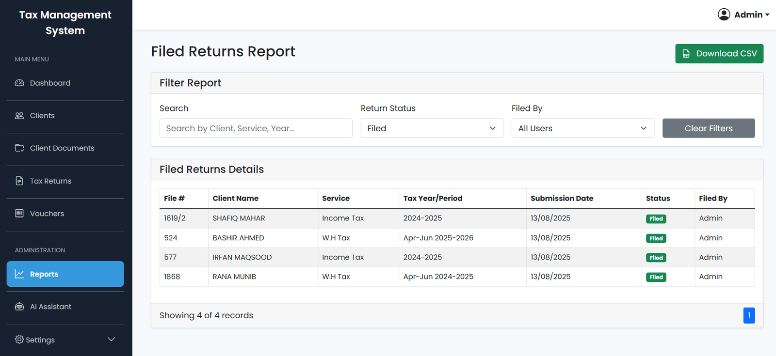 Detailed Reporting Interface of the Tax Management System