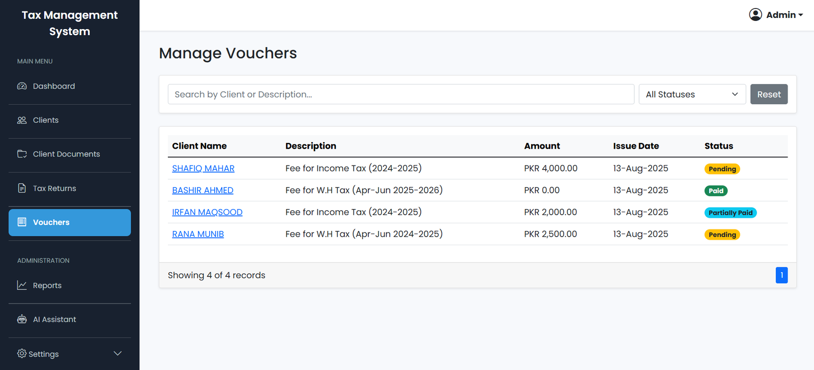 Vouchers and Payments tracking in Tax Management System